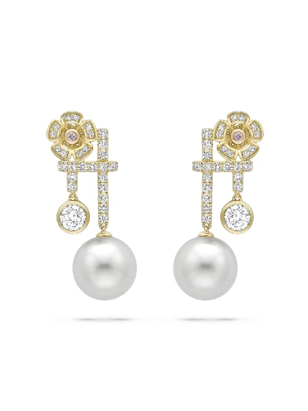 Women’s butterfly diamond earrings-Secret Garden Pearl Yellow Gold Earrings