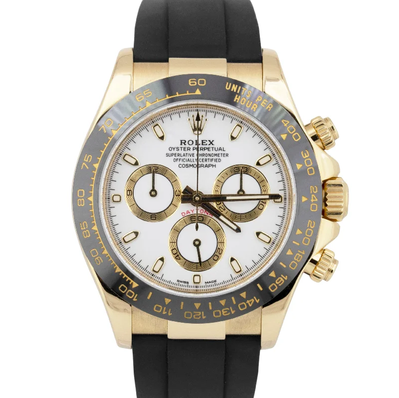 Unisex moon phase watches-MINT Rolex Daytona 116518 LN White Oysterflex 18K Yellow Gold CERAMIC Watch BOX