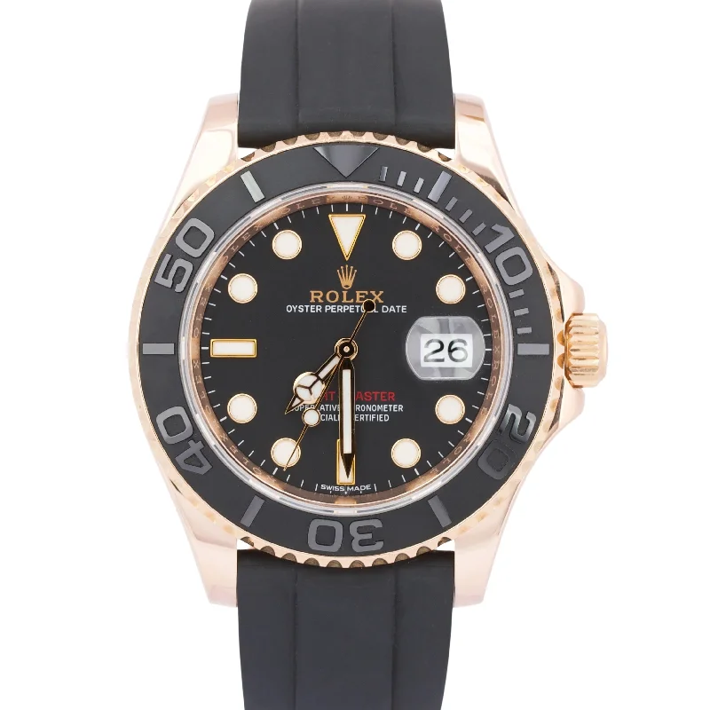 Unisex big dial watches-MINT Rolex Yacht-Master 18K Rose Gold Black Oysterflex Rubber 40mm Watch 116655