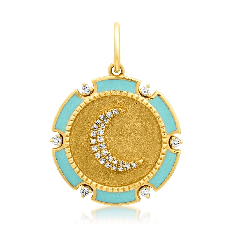 Women’s colored gemstone engagement rings-BABY TURQUOISE ENAMEL CRESCENT MOON CHARM, DIAMOND, 14kt GOLD