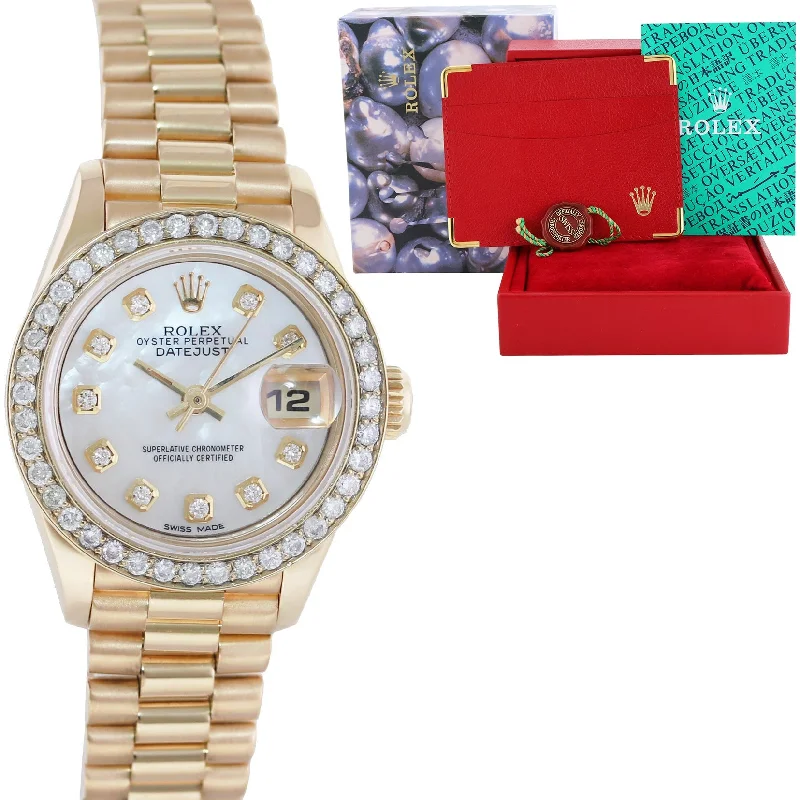 Unisex all-black watches-Pearl Diamond Ladies Rolex DateJust President 26mm 69178 Yellow Gold Watch Box