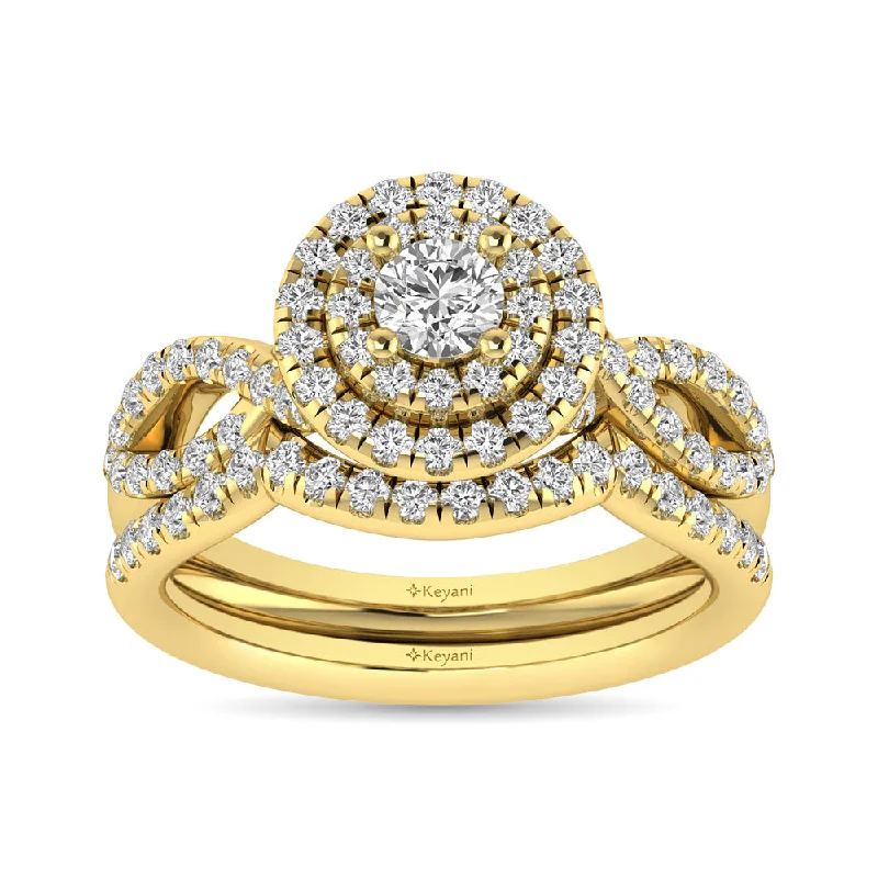 Women’s sparkling engagement rings-Diamond  Twist Shank Double Halo Bridal Ring 1 ct tw Round Cut in 14K Yellow Gold