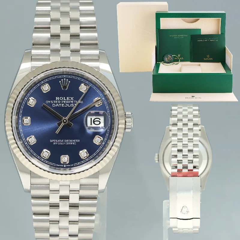 Unisex black leather watches-2023 NEW Rolex DateJust 36mm Blue Diamond 126234 Jubilee White Gold Watch Box