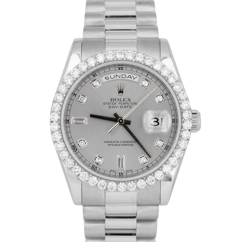 Unisex solar-powered watches-MINT Rolex Day-Date Presidential 36mm Silver DIAMOND 950 Platinum Watch 118206