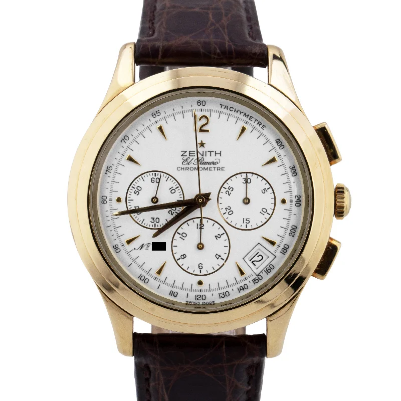 Unisex wooden watches-PAPERS Zenith El Primero Chronograph White 18K YELLOW GOLD Watch 30.1250.400 BOX