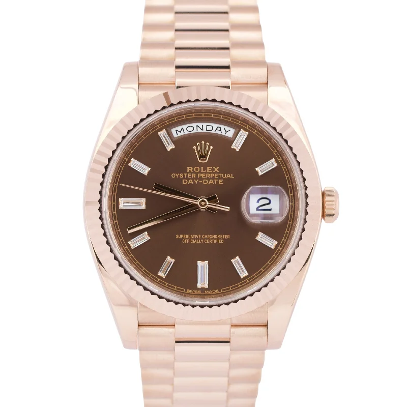 Unisex stainless steel watches-PAPERS Rolex Day-Date President 40mm FACTORY CHOCOLATE BAGUETTE 18K 228235 BOX