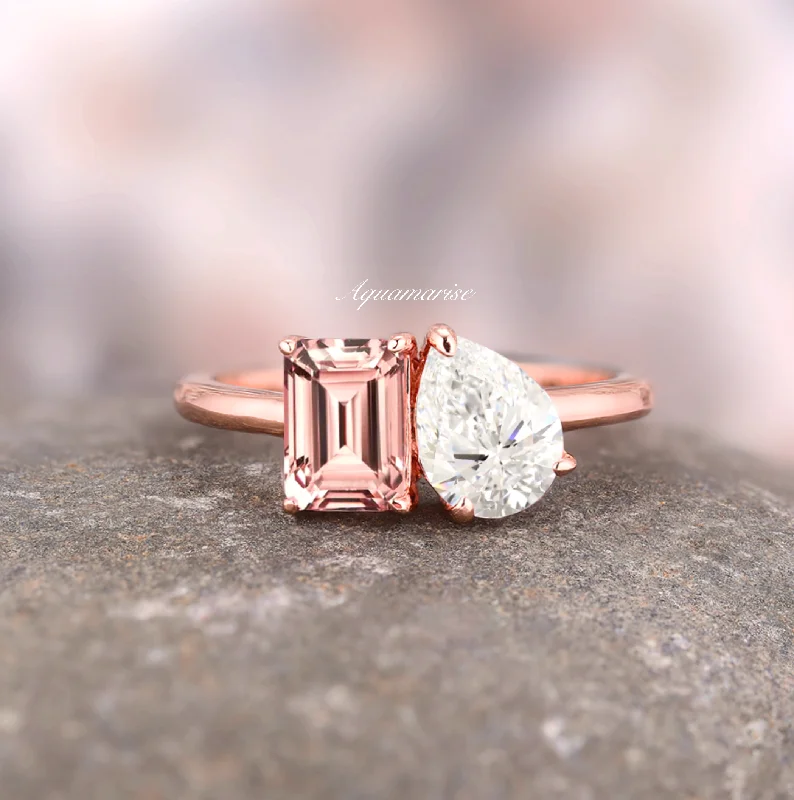 Women’s trendy engagement rings-'Toi Et Moi' Morganite & Diamond (cz) Ring- 14K Rose Gold Vermeil