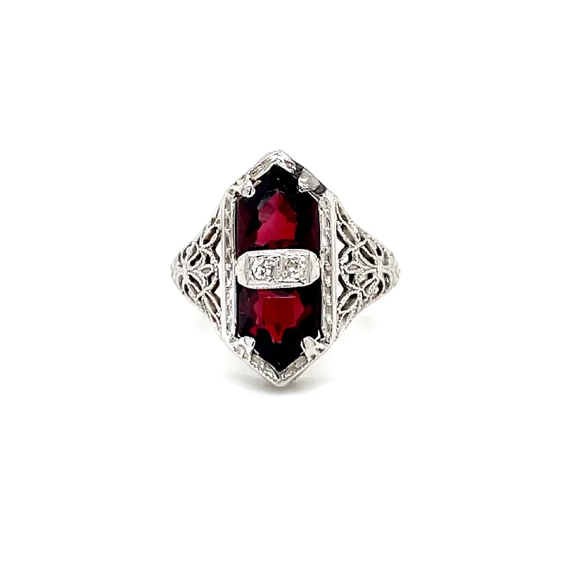 Women’s platinum diamond engagement rings-ESTATE 14K WHITE GOLD GARNET FILIGREE RING WITH DIAMOND ACCENTS