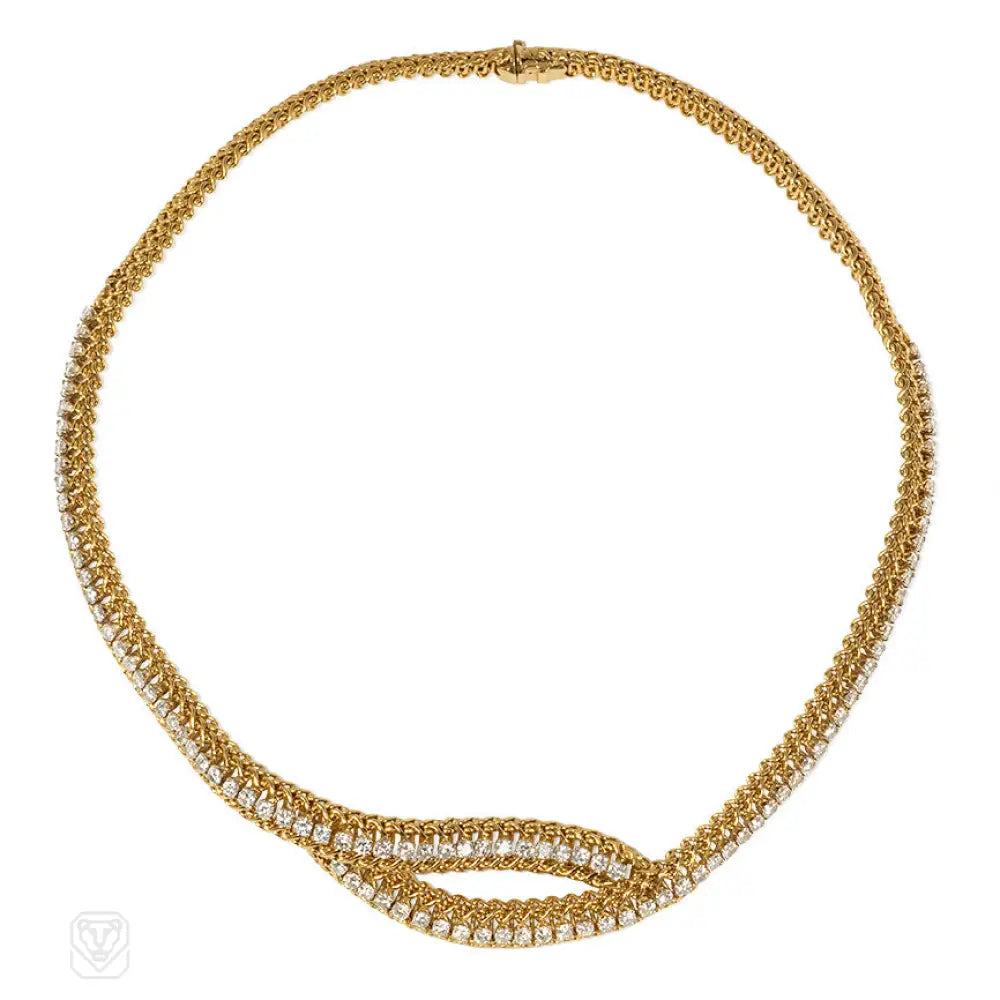 Women’s intricate design necklaces-Woven gold and diamond necklace, France