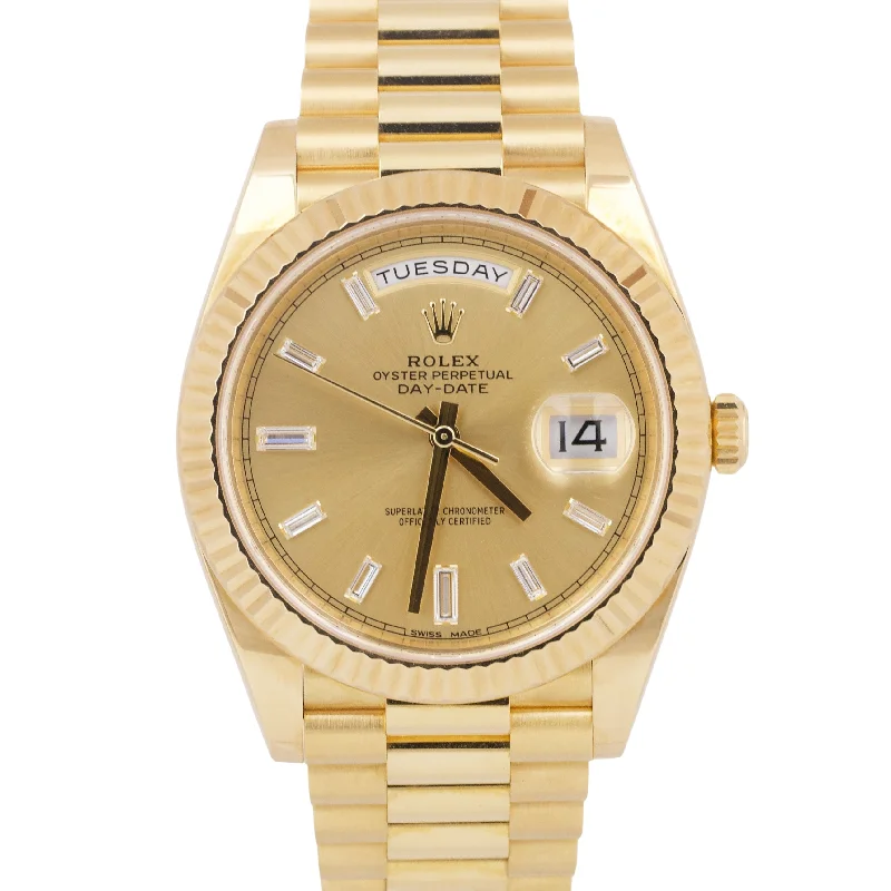 Unisex dress watches-PAPERS Rolex Day-Date President 40mm CHAMPAGNE BAGUETTE DIAMOND 18K 228238 BOX