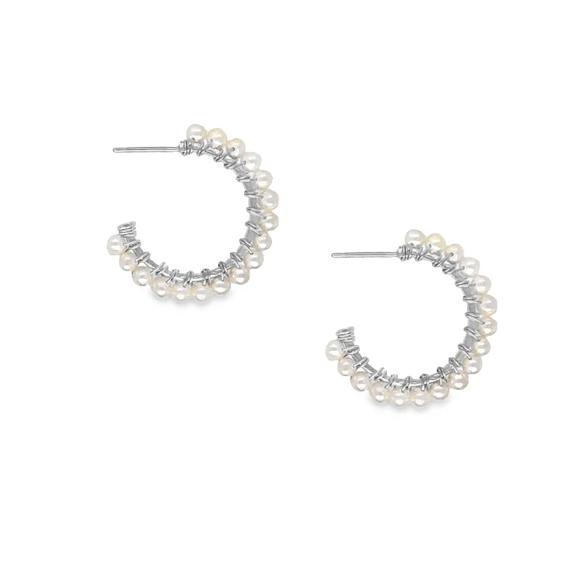 Women’s fashion dangle earrings-Silver Seed Pearl Hoop Earrings