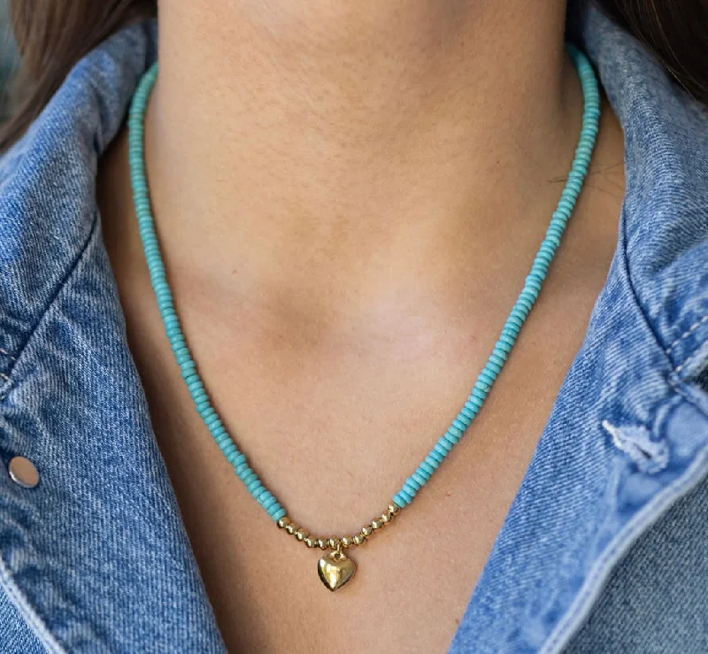 Women’s gold-plated necklaces-Turquoise and Gold Heart Necklace