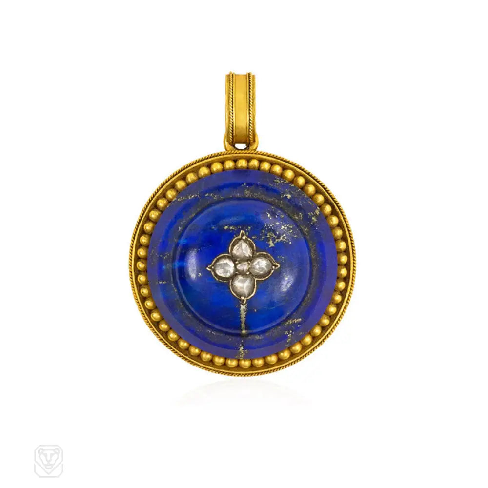 Women’s moonstone necklaces-Antique gold, lapis and diamond locket pendant