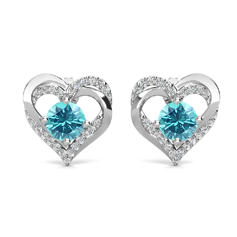 Women’s oval earrings-Forever March Birthstone 18k White Gold Plated Silver Double Heart  Aquamarine Earrings with Swarovski Crystals