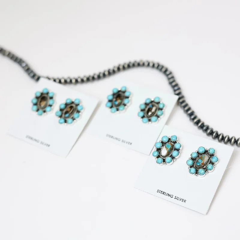 Women’s sparkling hoop earrings-Hada Collection | Handmade Sterling Silver White Buffalo + Turquoise Remix Flower Cluster Stud Earrings