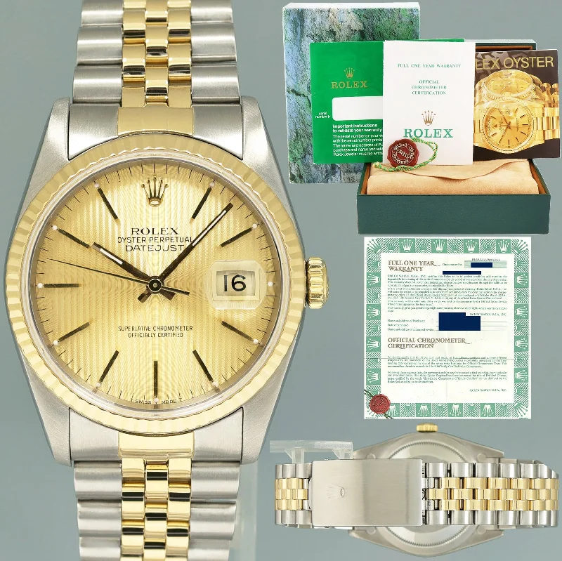 Unisex large face watches-PAPERS Rolex DateJust 16233 Two Tone Yellow Gold Jubilee Champagne Tapestry Watch