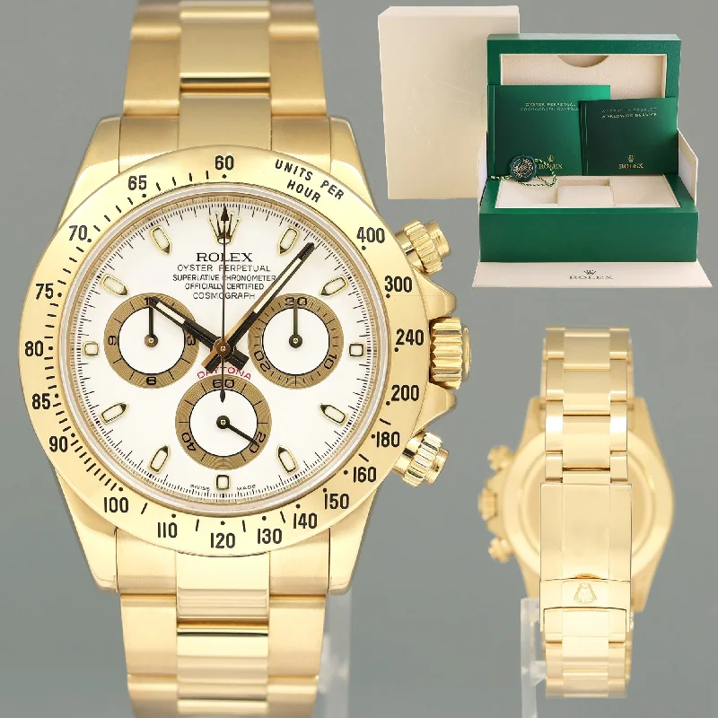 Unisex sleek watches-2007 MINT Rolex Daytona 116528 White Cosmograph Chrono Yellow Gold 40mm Watch