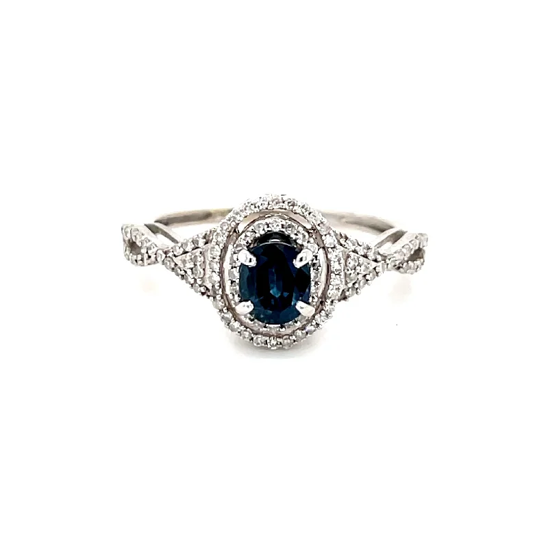 Women’s split-shank engagement rings-ESTATE 14KW Gold Double Halo Diamond and Sapphire Twist Ring