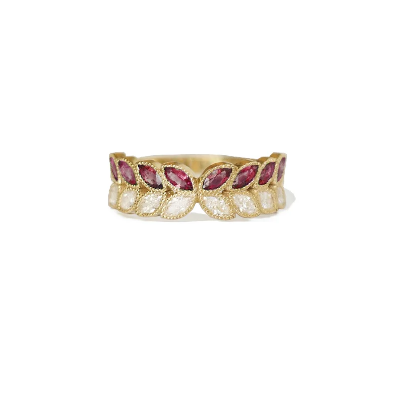 Women’s eternity engagement rings-Marquise Ruby & Diamond Leaf Band Ring