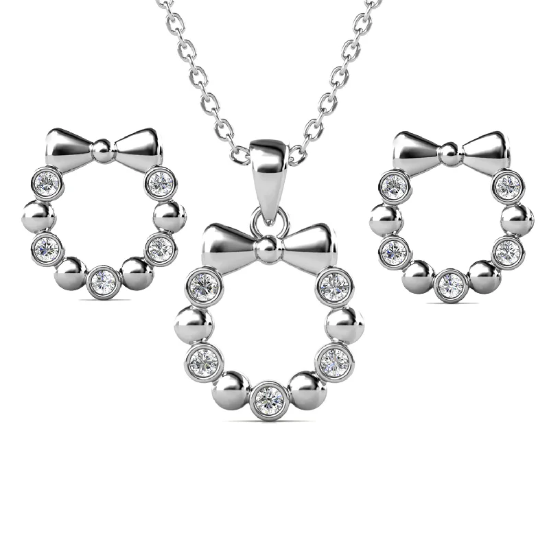 Women’s wedding earrings-Edith 18k White Gold Plated Silver Ribbon Necklace and Earring Set with Swarovski Crystals