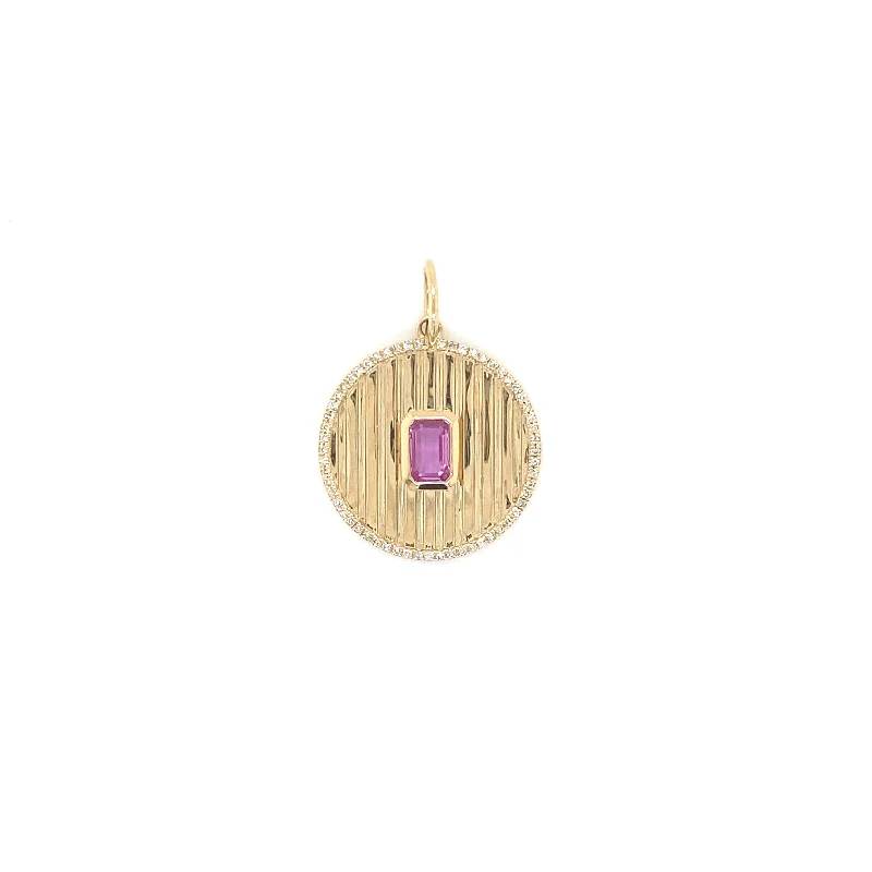 Women’s diamond accented engagement rings-14K Yellow Gold Diamond + Pink Sapphire Fluted Disc Charm