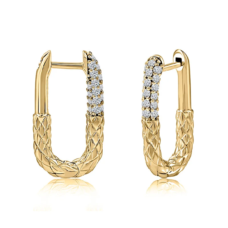 Women’s multi-colored earrings-A. Jaffe 14K Yellow Gold 0.44cttw. Half Diamond Half Quilted Small Hoop Earrings