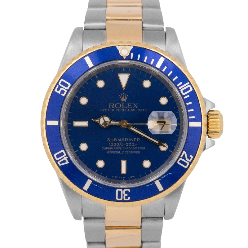 Unisex vintage watches-Rolex Submariner Date 40mm BLUE Two-Tone 18K Yellow Gold Stainless Steel 16613