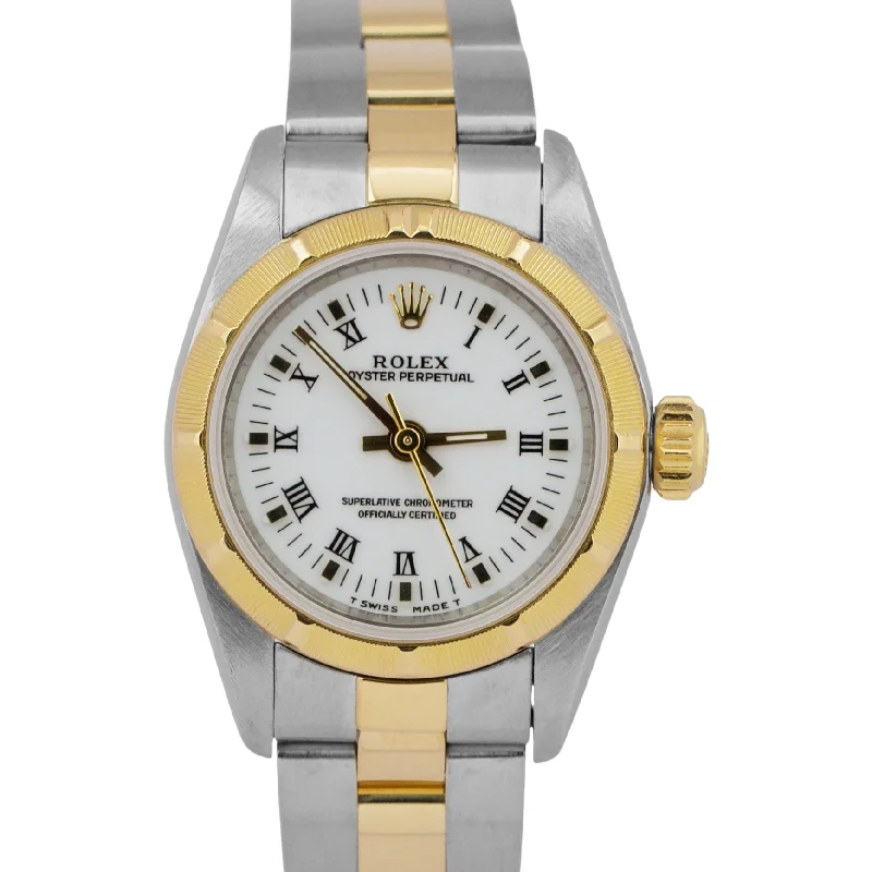 Unisex water-resistant watches-2022 RSC Rolex Oyster Perpetual Two-Tone White Roman PAPERS 24mm 67233 Watch BOX