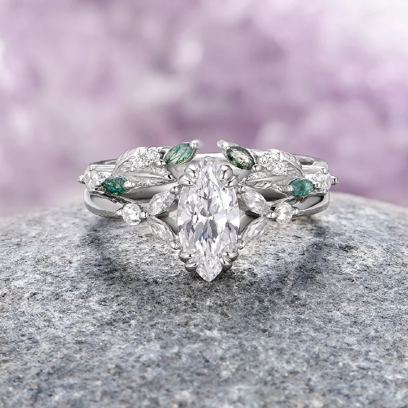 Women’s moissanite engagement rings-Green Moss Agate & Diamond (cz) Leaf Ring Set- Sterling Silver