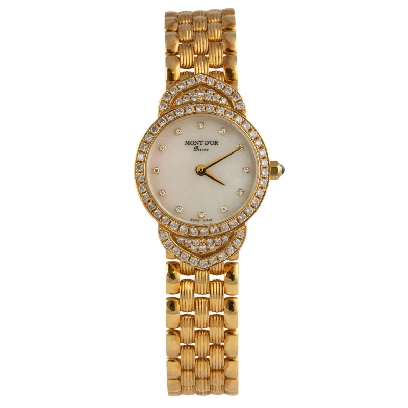 Unisex vintage-style leather watches-Mont D'or Bienne 18k Yellow Gold Diamond Bezel MOP White Dial 23.5mm Watch