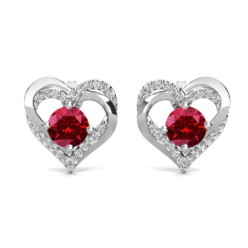 Women’s elegant stud earrings-Forever January Birthstone 18k White Gold Plated Silver Double Heart stud  Earrings with Garnet  Swarovski Crystals