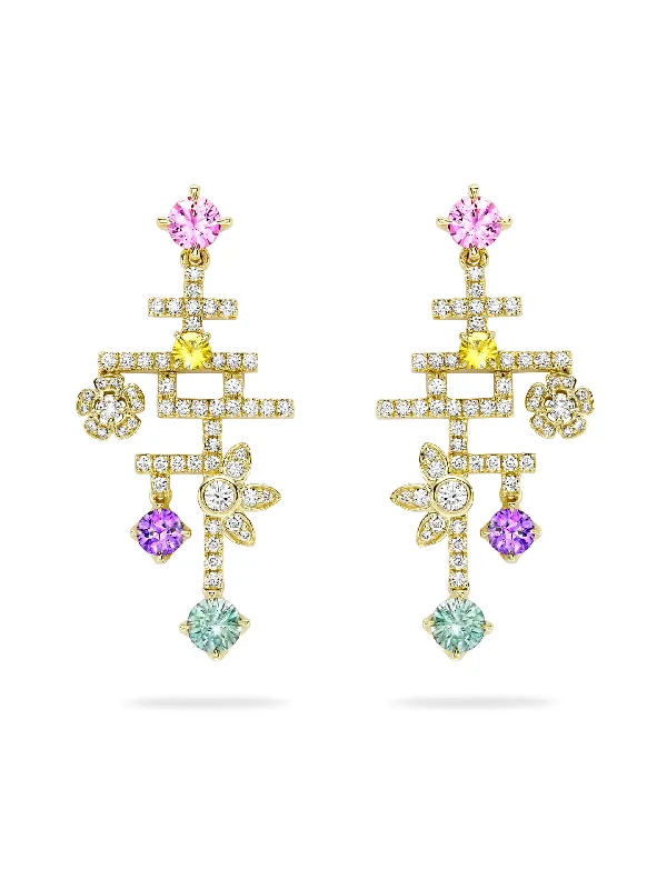 Women’s sparkling earrings-Secret Garden Sapphire Diamond Yellow Gold Drop Earrings