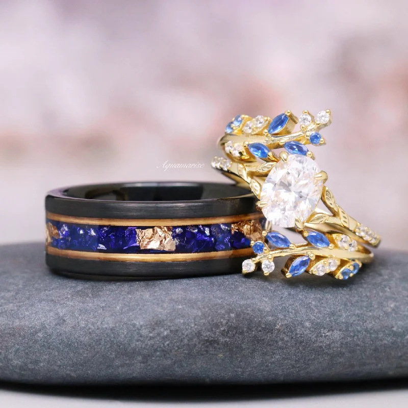 Women’s simple engagement rings-Blue Sapphire & Diamond (cz) Leaf Couples Ring