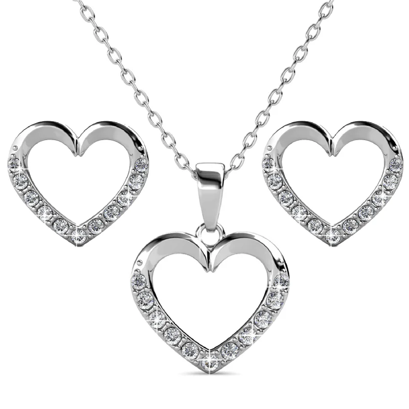 Women’s multi-strand earrings-Chelsea 18k White Gold Plated Silver Heart Necklace and Earring Set with Swarovski Crystals