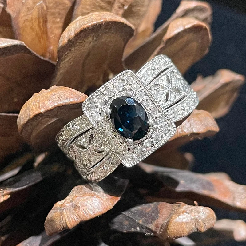 Women’s modern engagement rings-ESTATE 14K WHITE GOLD REGAL RING FEATURING OVAL BLUE SAPPHIRE WITH DIAMOND ACCENTS