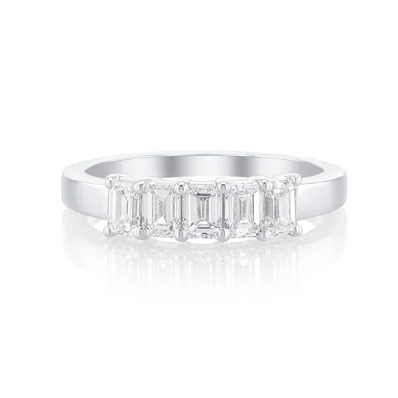 Women’s intricate engagement rings-1.08 Carat 5 Stone Emerald Cut Lab Grown Diamond Band in 14K White Gold