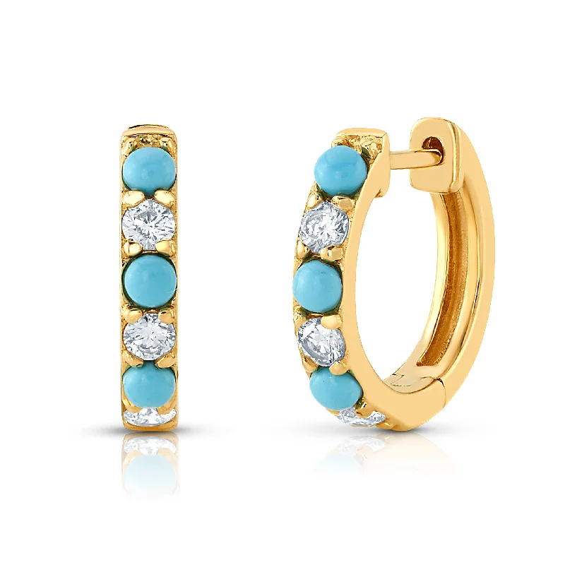 Women’s vintage engagement rings-TURQUOISE & DIAMOND HUGGIES, 14kt Gold