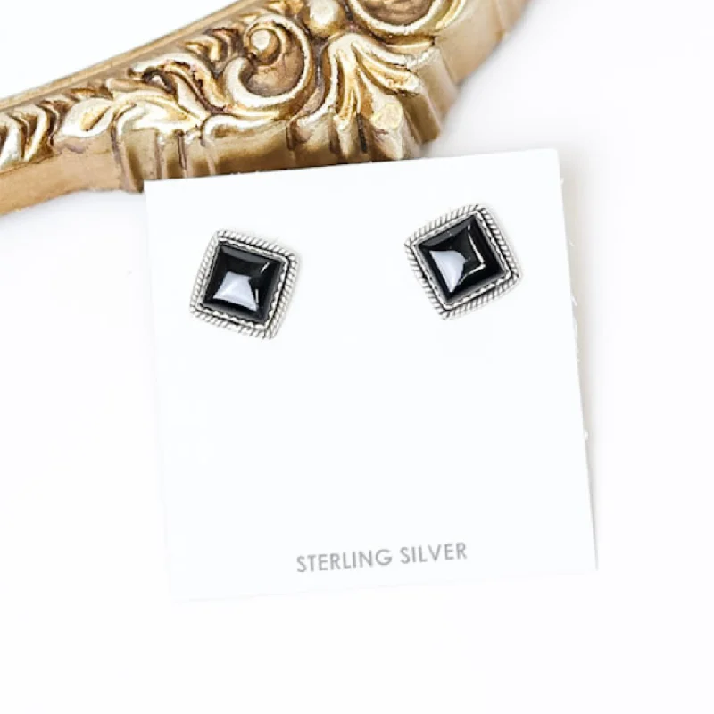 Women’s modern hoop earrings-Hada Collection | Handmade Sterling Silver Square Shaped Stud Earrings with Black Onyx Stones