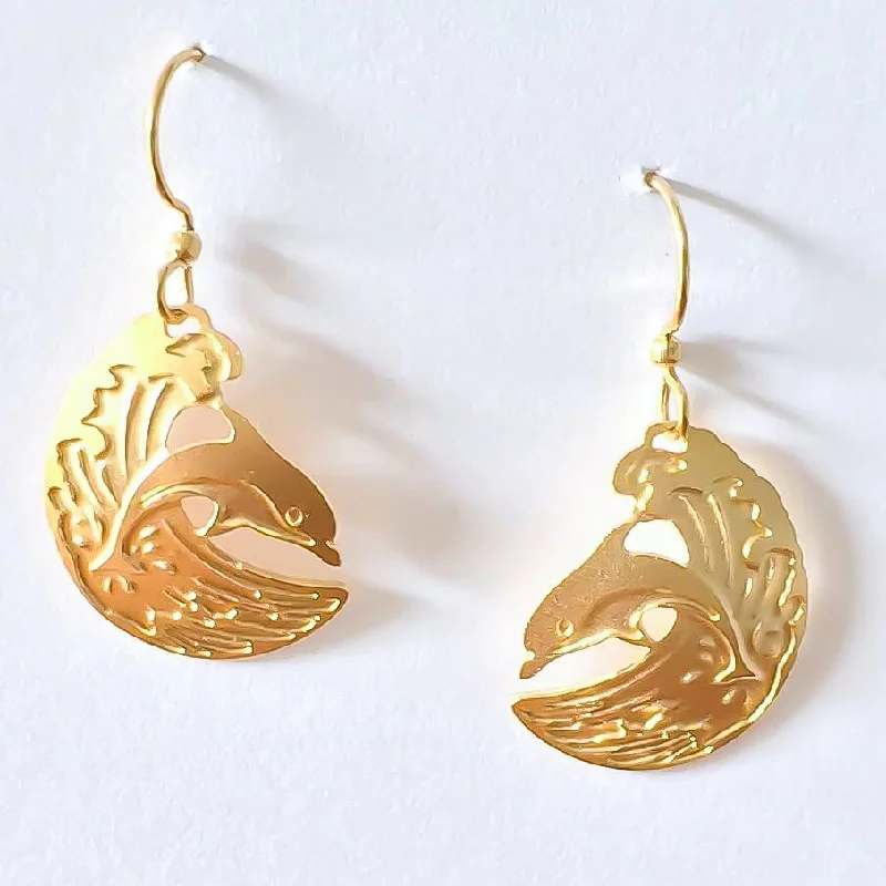 Women’s pearl drop earrings-Wave Riding Dolphin Earrings