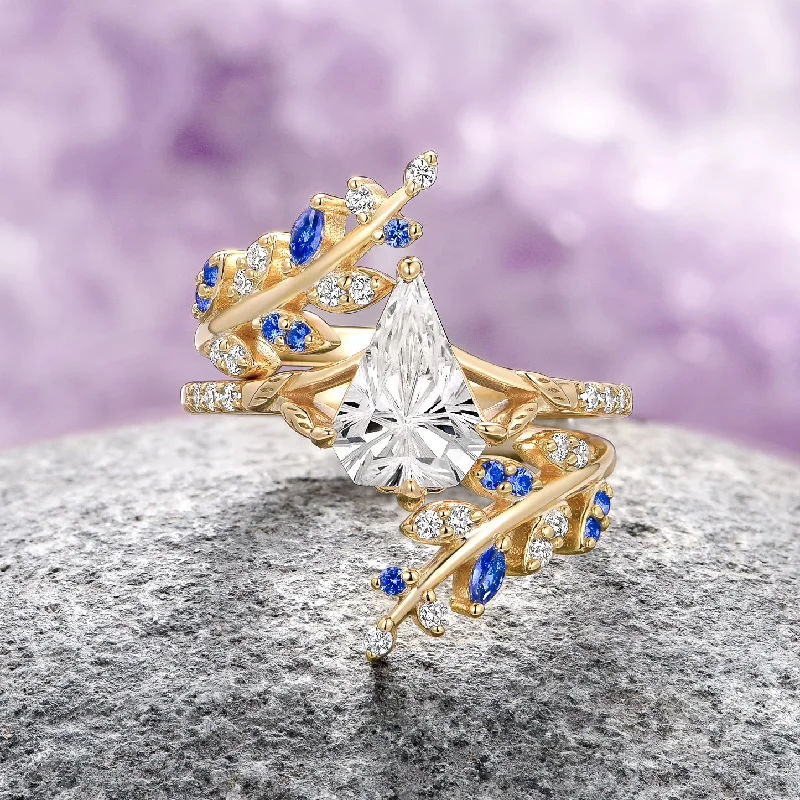 Women’s two-tone engagement rings-Fantasy Shield Cut Diamond & Blue Sapphire Ring Set- 14K Solid Yellow Gold