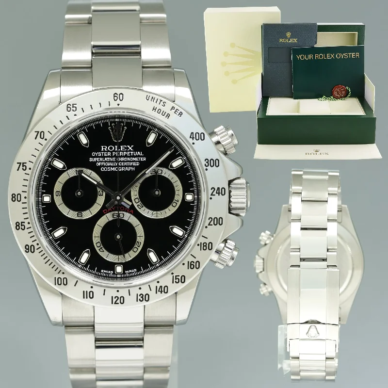 Unisex elegant leather watches-MINT 2004 Rolex Daytona 116520 Black Dial Steel Cosmo Chronograph 40mm Watch