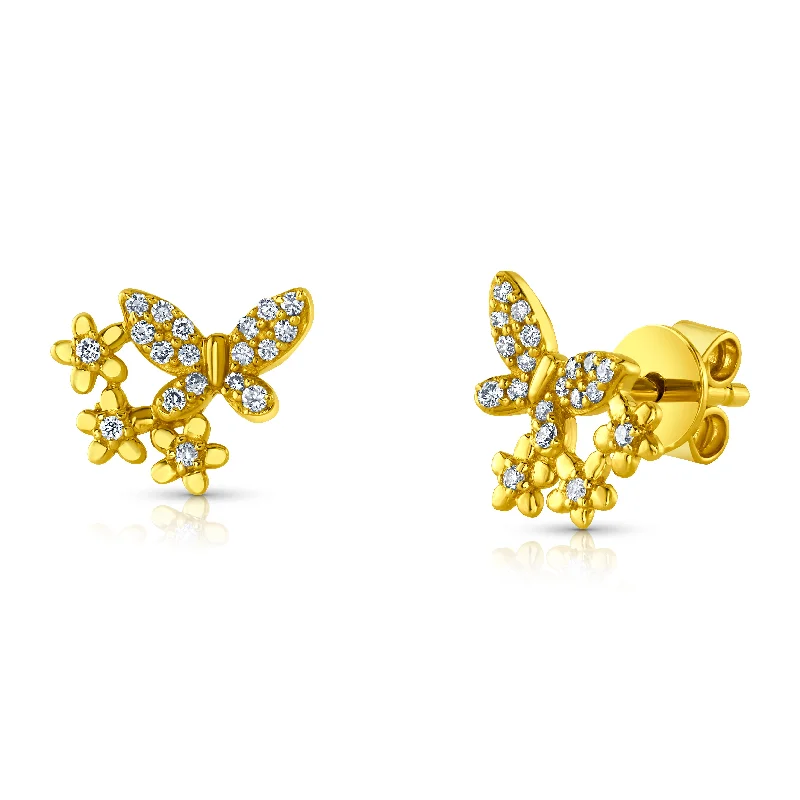 Women’s modern engagement rings-BUTTERFLY & FLOWER DIAMOND STUDS, 14kt Gold