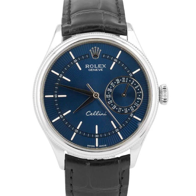 Unisex sports smartwatches-MINT Rolex Cellini Date 18k White Gold BLUE GUILLOCHE Leather 39mm 50519 Watch