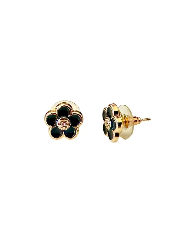 Women’s cubic zirconia earrings-CC Black Flower Button Earrings