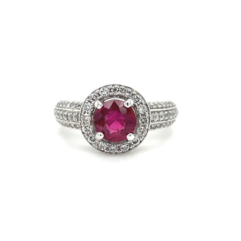 Women’s halo diamond engagement rings-Estate 14K .98ct Round Ruby & Diamond Halo Style Ring