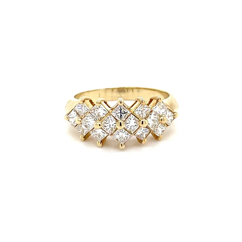 Women’s three-stone engagement rings-ESTATE 14K YELLOW GOLD RING WITH PRINCESS CUT DIAMONDS AND KNIFE-EDGE SHANK .75 TCW