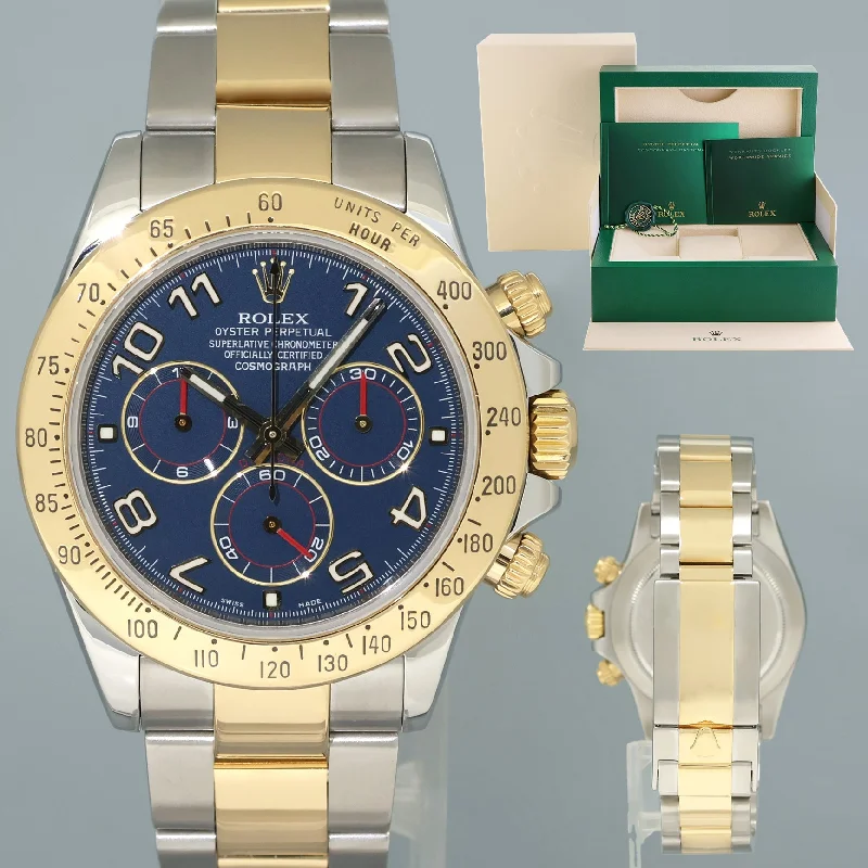 Unisex oversized watches-2010 MINT Rolex Daytona 116523 Blue Arabic Red Steel Yellow Gold Two Tone Watch