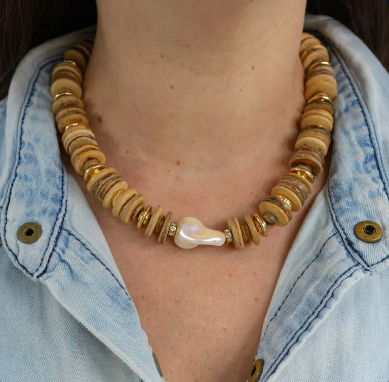 Women’s mixed metal necklaces-Raw Coconut Wood & Pearl Necklace