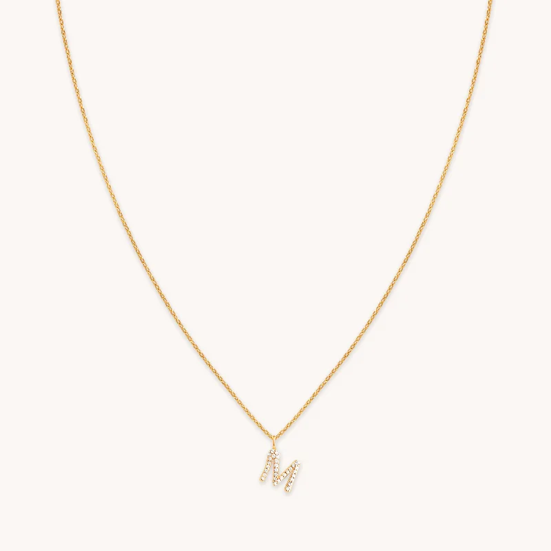 Women’s cubic zirconia pendant necklaces-M Initial Pavé Pendant Necklace in Gold