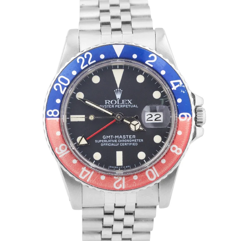 Unisex fashionable timepieces-1984 Rolex GMT-Master MATTE BLACK PEPSI Steel Red Blue JUBILEE 16750 Watch BOX